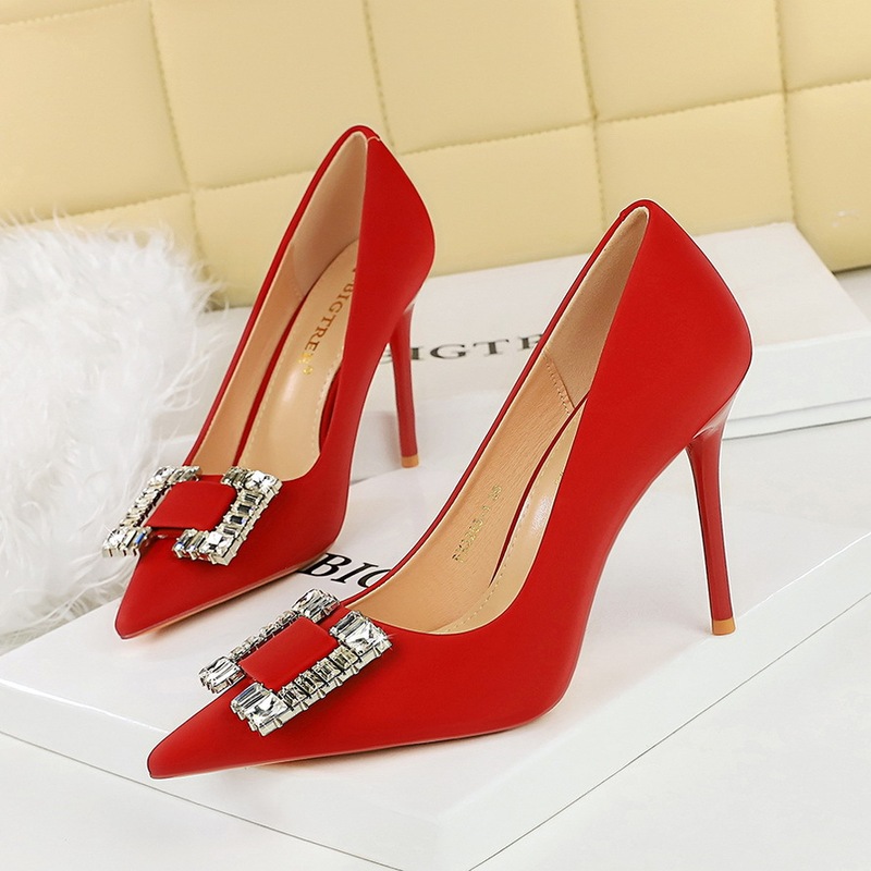 3265-K75 European and American Fashion High Heels Stiletto Silks and Satins Shallow Mouth Square Buckle Sparkling Rhinestone Pointed Toe High-Heeled Shoes