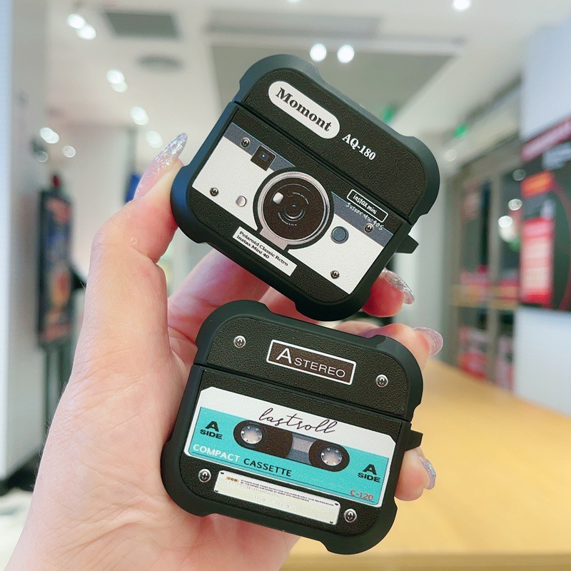 适用照相机磁带AirPods3Pro2草绿色磁吸AirPods4耳机保护套唱片黑|undefined