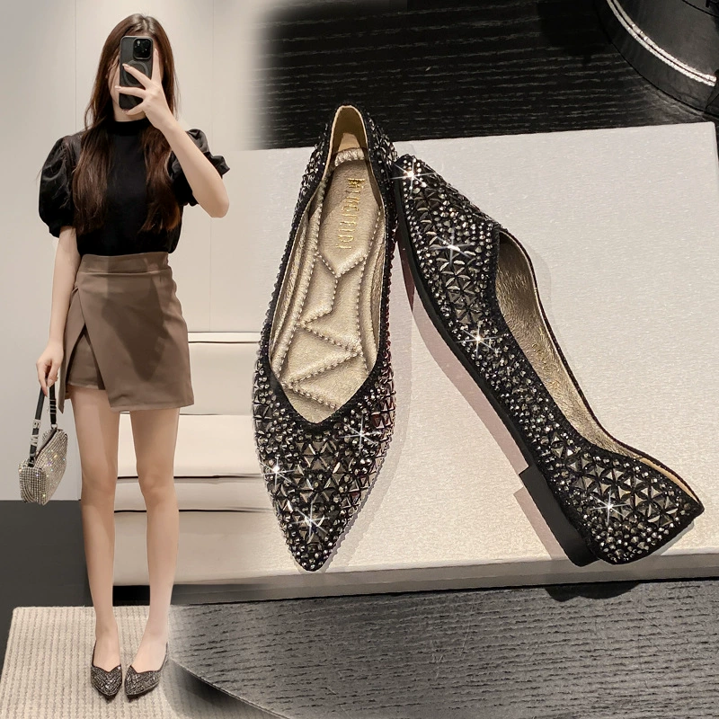 Острая страз одиночная обувь женская 2024 новая леди Нежные туфли вечером блестки плоские туфли размера 41 один 43