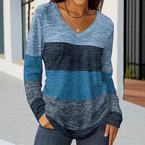 American Cross-border 2024 New Casual Fashion Trend High-quality Striped Long-sleeve V-neck T-shirt WB14