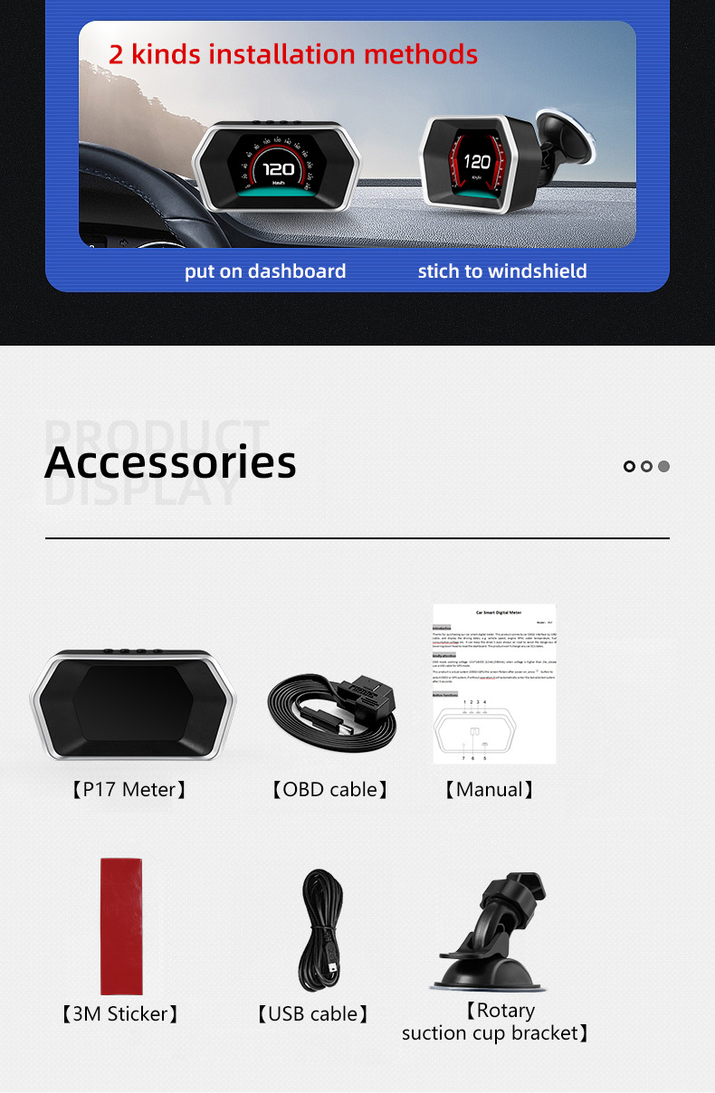 P17 Head-Up Display OBD+(GPS+Beidou) 4.3inch LED Color LCD Screen Display 5V USB Universal