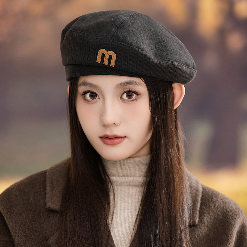 字母刺绣毛呢复古洋气南瓜帽女冬季斜纹保暖贝雷帽气质潮搭画家帽|undefined