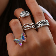 跨境欧美戒指 时尚炫彩蝴蝶骷髅打结4件套关节戒指女批发
