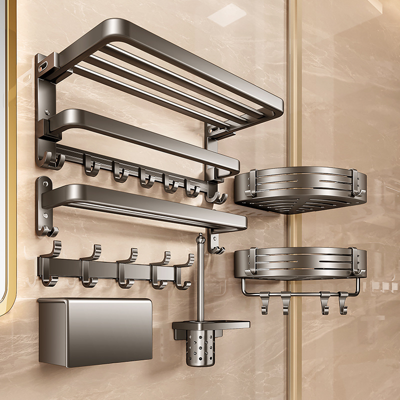 Towel Rack Space Aluminum Bathroom Hardware Gunmetal Gray Bath Towel Rack Bathroom Shelf Storage Rack Light Luxury Toilet