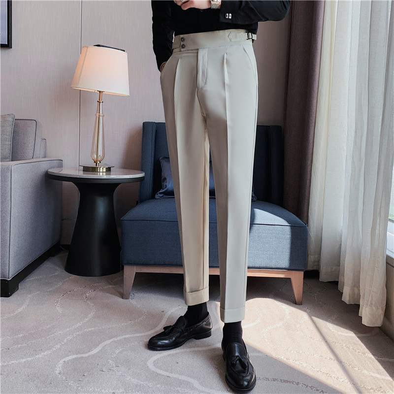 Pantalones de traje de los hombres naples italianos pantalones de cintura alta pantalones de los hombres de otoño e invierno teñido de hilo oscuro a rayas de calidad pantalones casuales