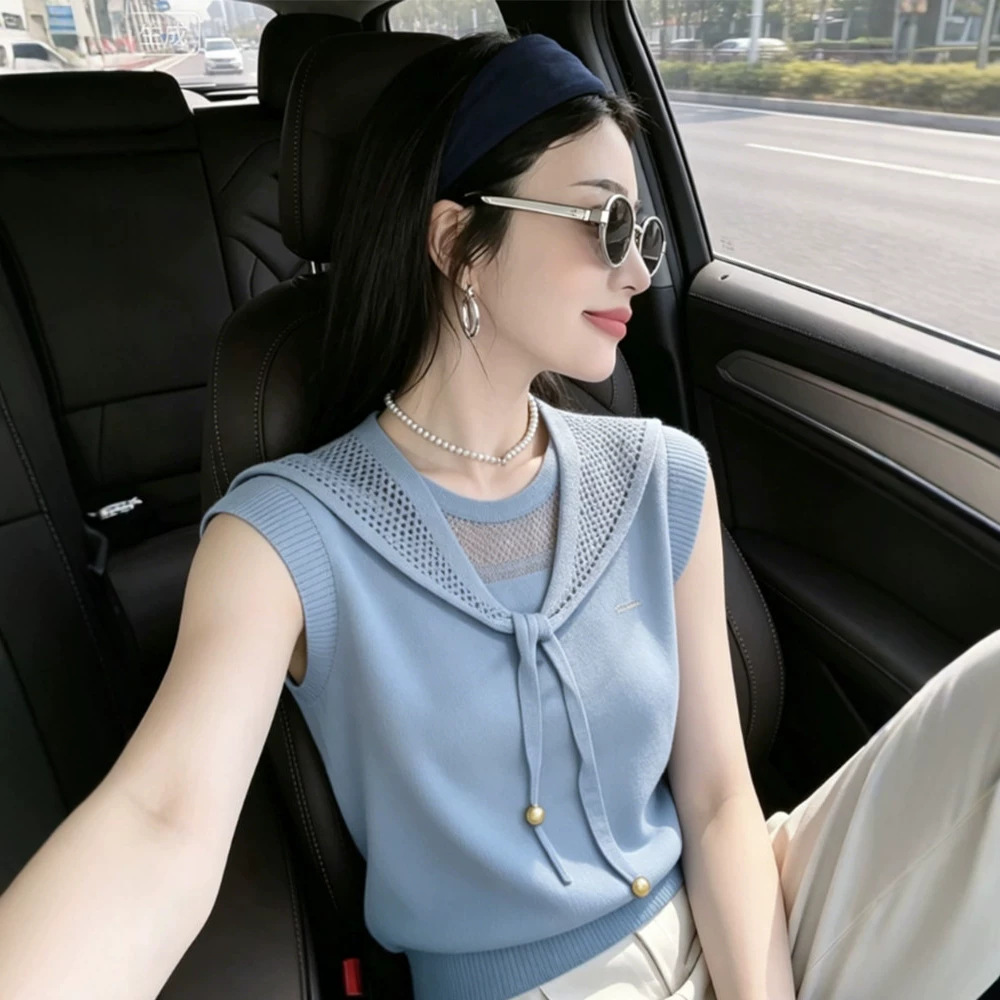 Áo hai dây dệt kim phong cách thiếu nữ ngọt ngào, họa tiết rỗng, tay dây mảnh — Màu xanh da trời chi tiết 1