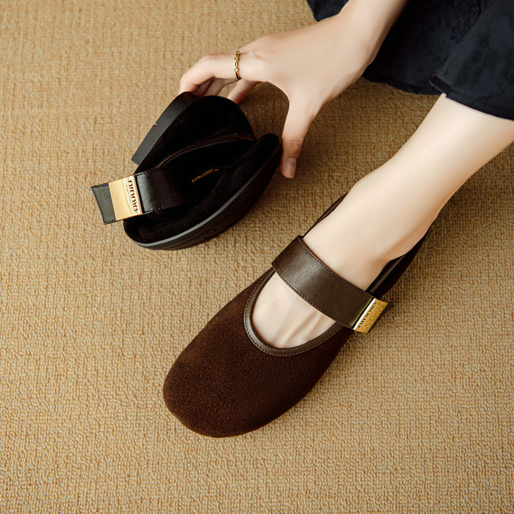 Super Soft Foldable Round Head Low Heel Single Shoes with Buckle Strap 2025 Spring Full Leather Women's Shoes plus size 34-41