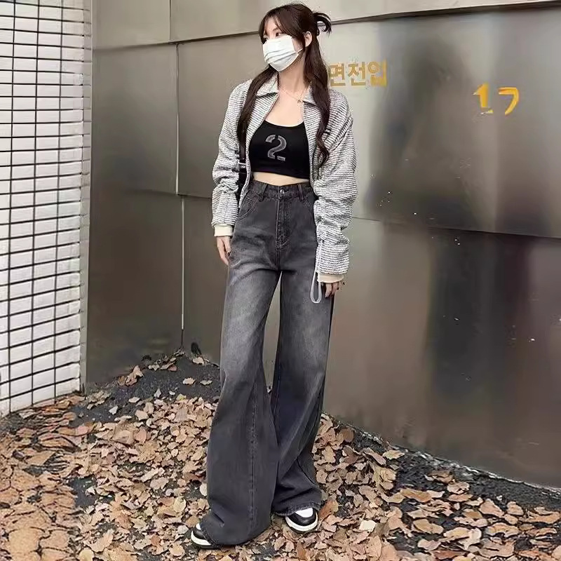 Plus Size American Retro Black and Gray Jeans Wide Leg Pants for Women Spring and Autum High Waist Floor-length Pants High Street Pants Trendy