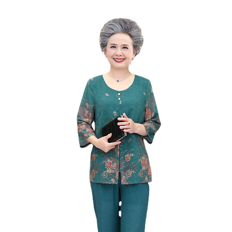 Middle and old age Women's wear Two piece set mom Women's wear summer Add fertilizer XL Sleeve T-shirt Easy fashion Too wide