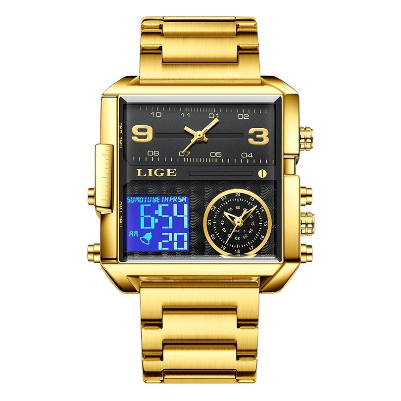 Lige cuarzo electrónico doble reloj de pantalla reloj impermeable de los hombres reloj de correa de acero cuadrado multifuncional 8925