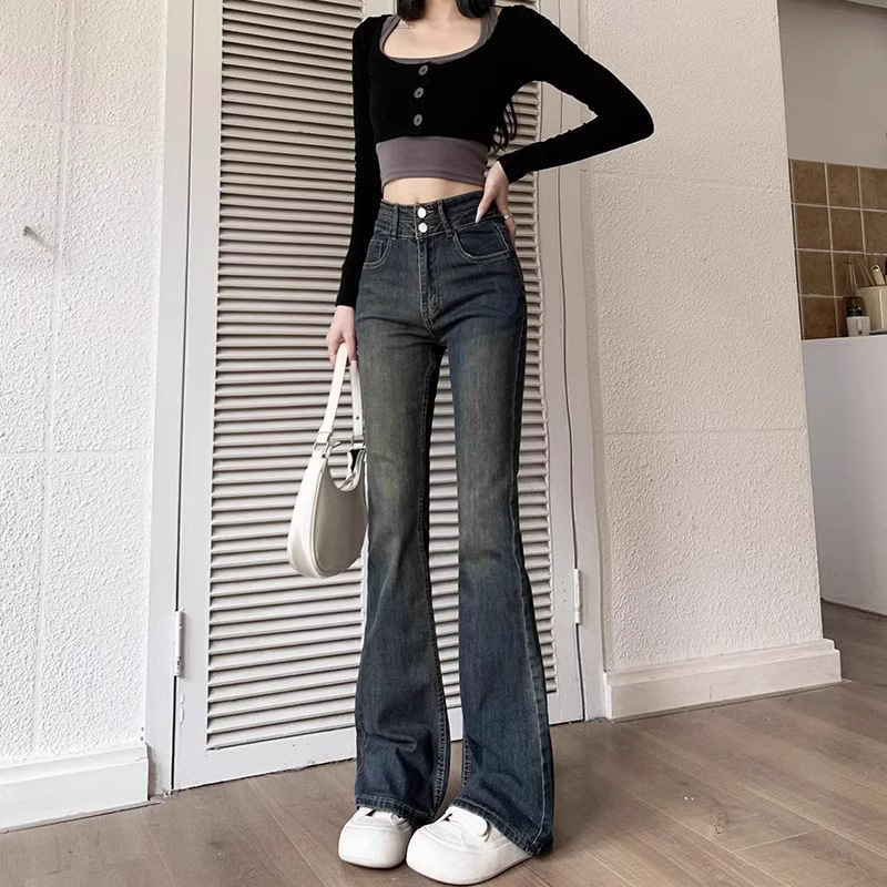 微喇牛仔裤女2025年春秋新款设计感显瘦复古高腰拖地马蹄喇叭裤子|undefined
