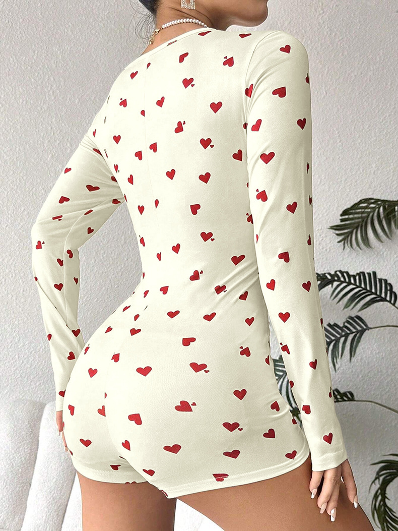 Damen Slim Fit Langarm Body Mit V-ausschnitt Herzmuster Schlafanzug_voghion.com