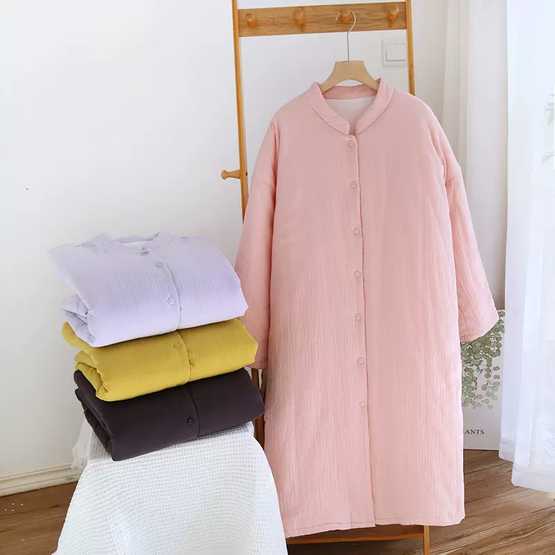 冬季全棉三层加厚保暖家居服睡袍女士长款过膝纯棉棉纱睡衣休闲
