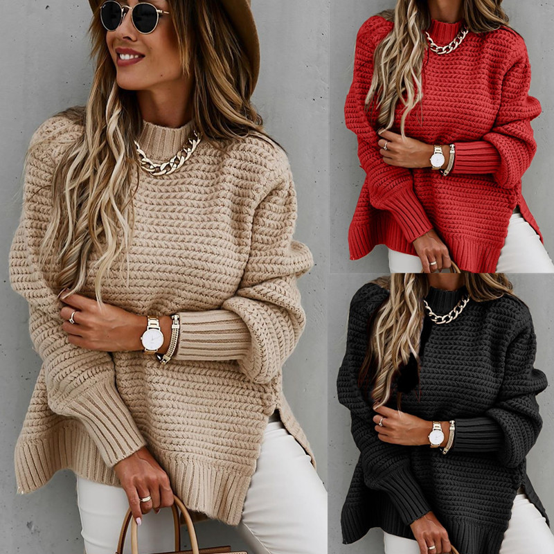Suéter de Punto con Cuello Medio Alto, Color Sólido, Abertura Lateral con Puños, Estilo Europeo y Americano, Nueva Colección de Invierno 2025 para Mujer