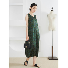 双面穿真丝香云纱宝相花印花V领背心裙女100%桑蚕丝连衣裙