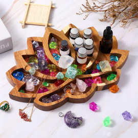 木制莲花托盘创意化妆品精油收纳盘水晶石头装饰展示托盘BSCI