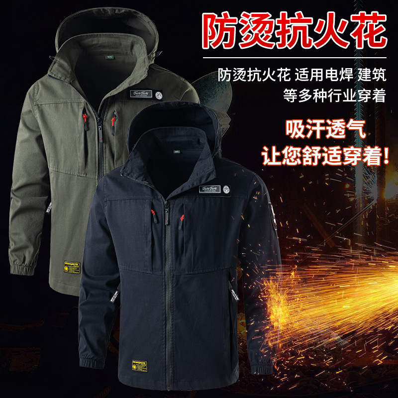 Pure cotton stretch overalls suit men's spring welder anti-scald protective clothing auto repair construction site work tooling