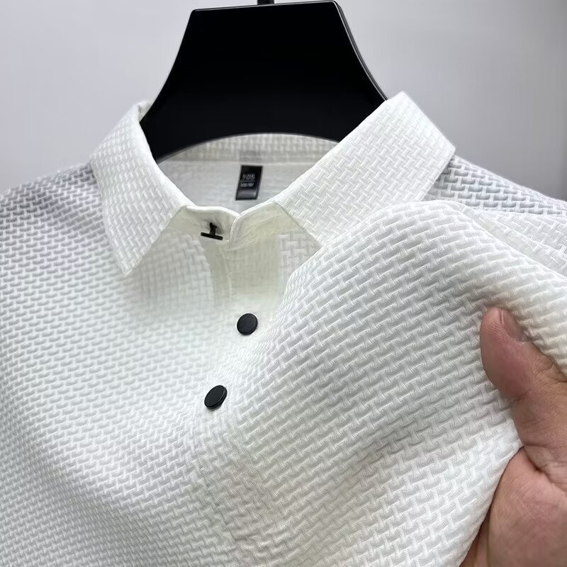 Venta directa de fábrica de malla de verano seda de hielo camiseta de manga corta cuello de camisa de hombre fresco barato transpirable polo media manga