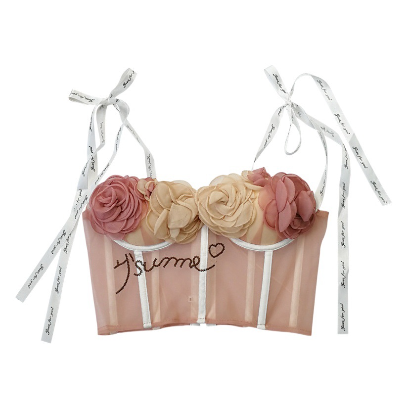 Lencería sexy con almohadilla en el pecho corto ver a través de la correa bellyband expuesto ombligo sexy Correa chica linda flor tubo superior
