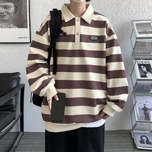 2025年秋季翻领卫衣男条纹长袖宽松复古百搭套头长袖上衣黑色绿色