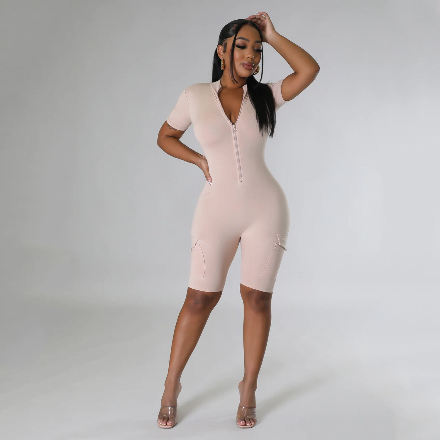Summer Women Clothing Sexy Tight Short Sleeve Solid Color Jumpsuit for Women