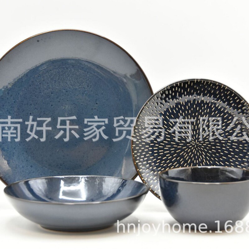 Modern Simple European Style Household Western Food High-grade Blue and Black Reaction Glaze Printed Ceramic Tableware