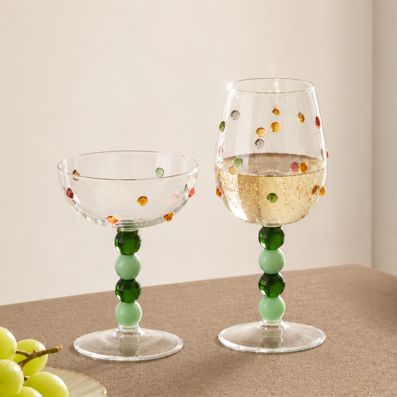 Creative green polka dot tall glass cup set of two for home use, sparkling wine glasses, ice cream dessert bowls Creative green polka dot tall glass cup set of two for home use, sparkling wine glasses, ice cream dessert bowls