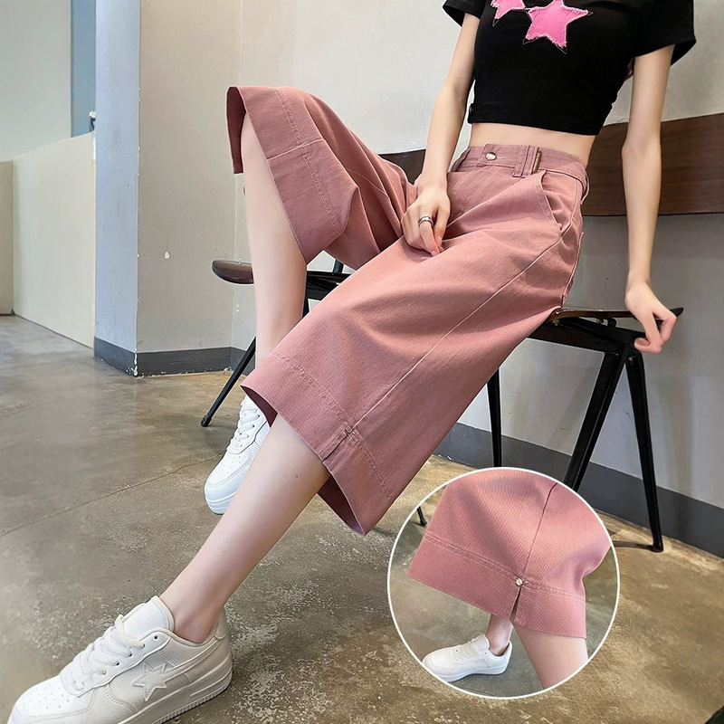 Pink six-point wide-leg denim shorts for women, summer thin casual high-waisted straight mid-length pants with side slits, loose fit, over-the-knee, three-quarter length Pink six-point wide-leg denim shorts for women, summer thin casual high-waisted straight mid-length pants with side slits, loose fit, over-the-knee, three-quarter length