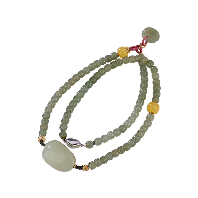 Vòng tay hai lớp bạc S925 mạ vàng kết hợp hạt ngọc bích và đá sapphire, charm Ruyi khí chất — Một chiếc