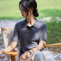 早秋精纺羊毛2025年POLO领半开女针织衫短袖纯色带兜打底衫