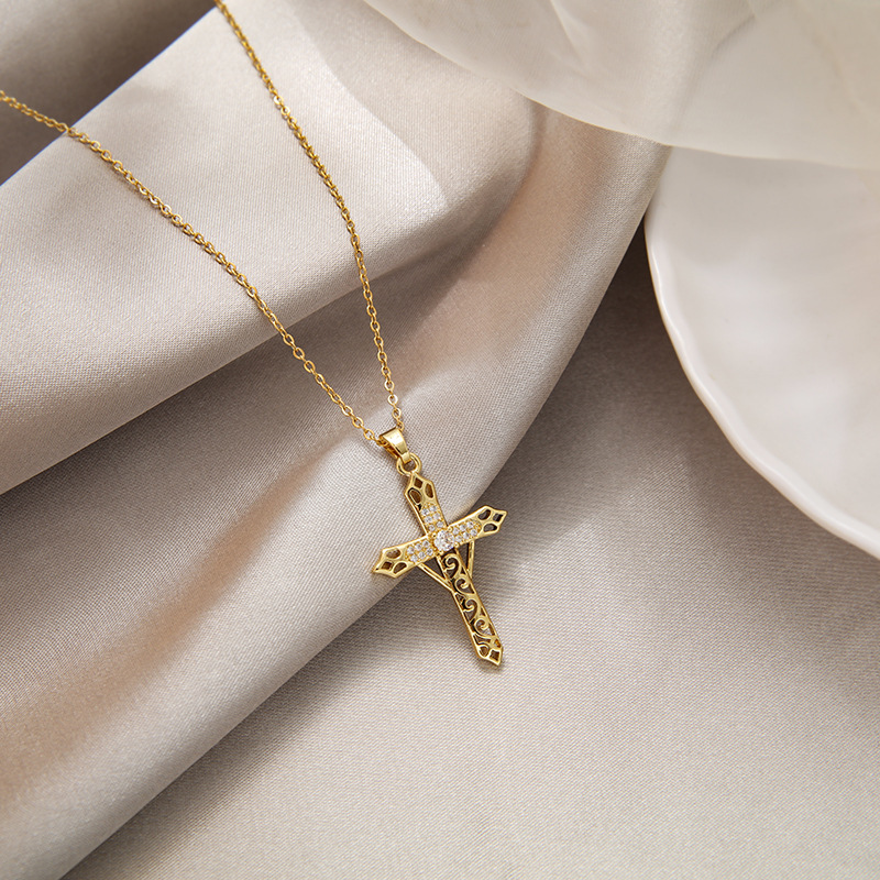 15g Weight Zircon Inlay Material Necklace Classification Fashion Cross Stainless Steel Inlay Zircon Necklace