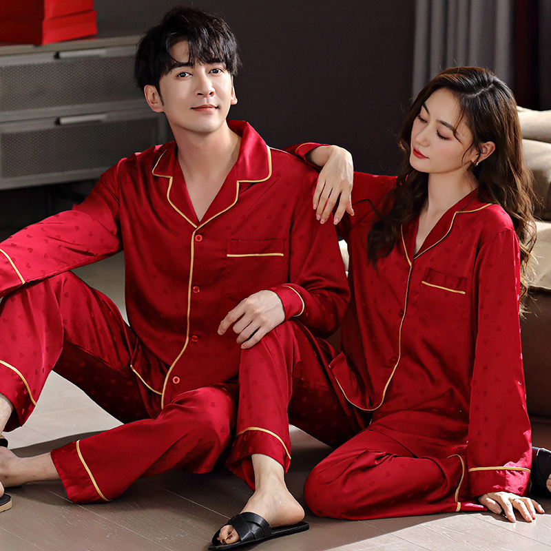 Spring and Autumn couple pajamas long sleeve Red Satin Ice Silk wedding couple home honeymoon birth year pajamas suit