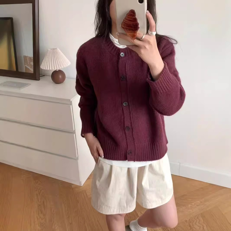 実拍のきれいな色の丸首のゆったりした単列のボタンのコートの女性の復古の簡単な長袖のカーディガンのコートの怠惰な風の上着|undefined