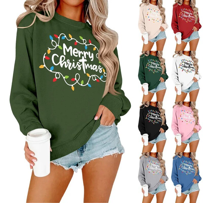 [Cross-border European Size] Women's Autumn and Winter Sweatshirt with Merry Christmas Letter Print, Round Neck, Long Sleeve, Casual Sports Top