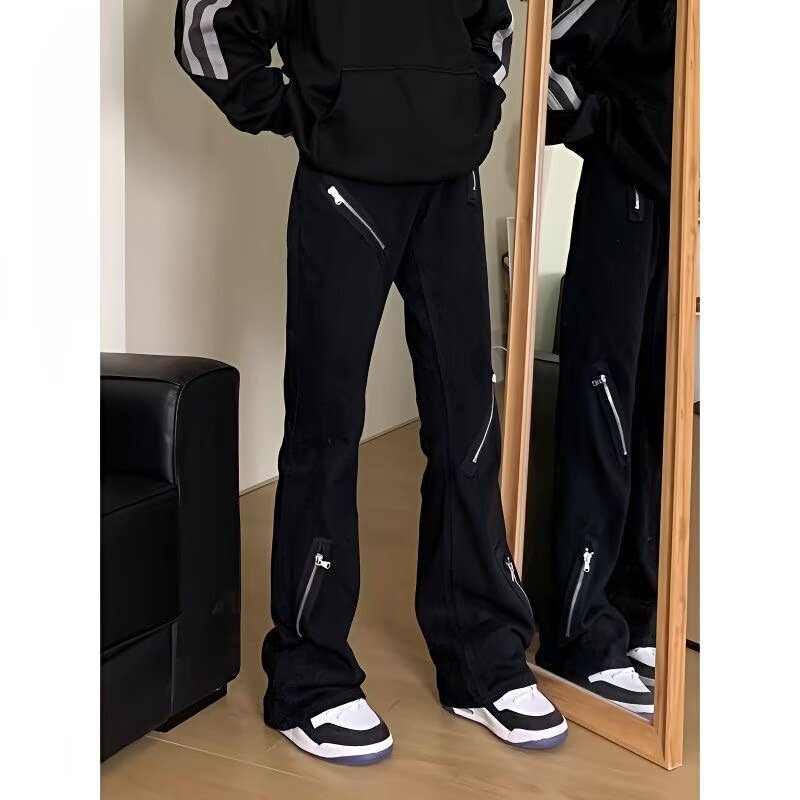 American Style High Street Dark Loose Micro-horn Black Jeans Multi-zipper Niche Design Sense Men's and Women's Casual Pants