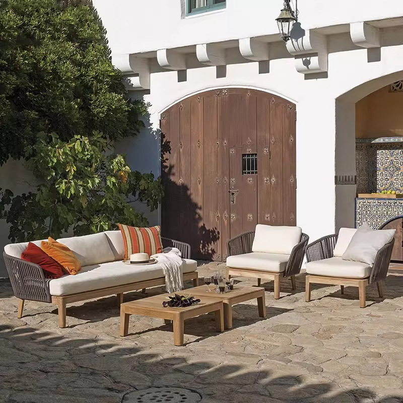 Nórdico al aire libre sofá simple nuevo sofá de madera sólida pie de caña mesa de té hotel villa sala modelo combinación