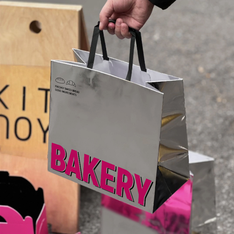 网红镜面烘焙手提袋甜品店面包蛋糕外卖打包袋银卡纸袋子