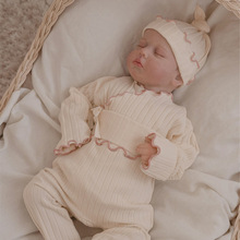 婴儿秋装a类男女宝宝棉坑条木耳边长袖和尚服+高腰护肚裤睡衣套装