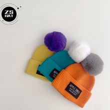 儿童毛线帽子秋冬季保暖外贸韩版兔子毛球贴布护耳弹力宝宝毛线帽