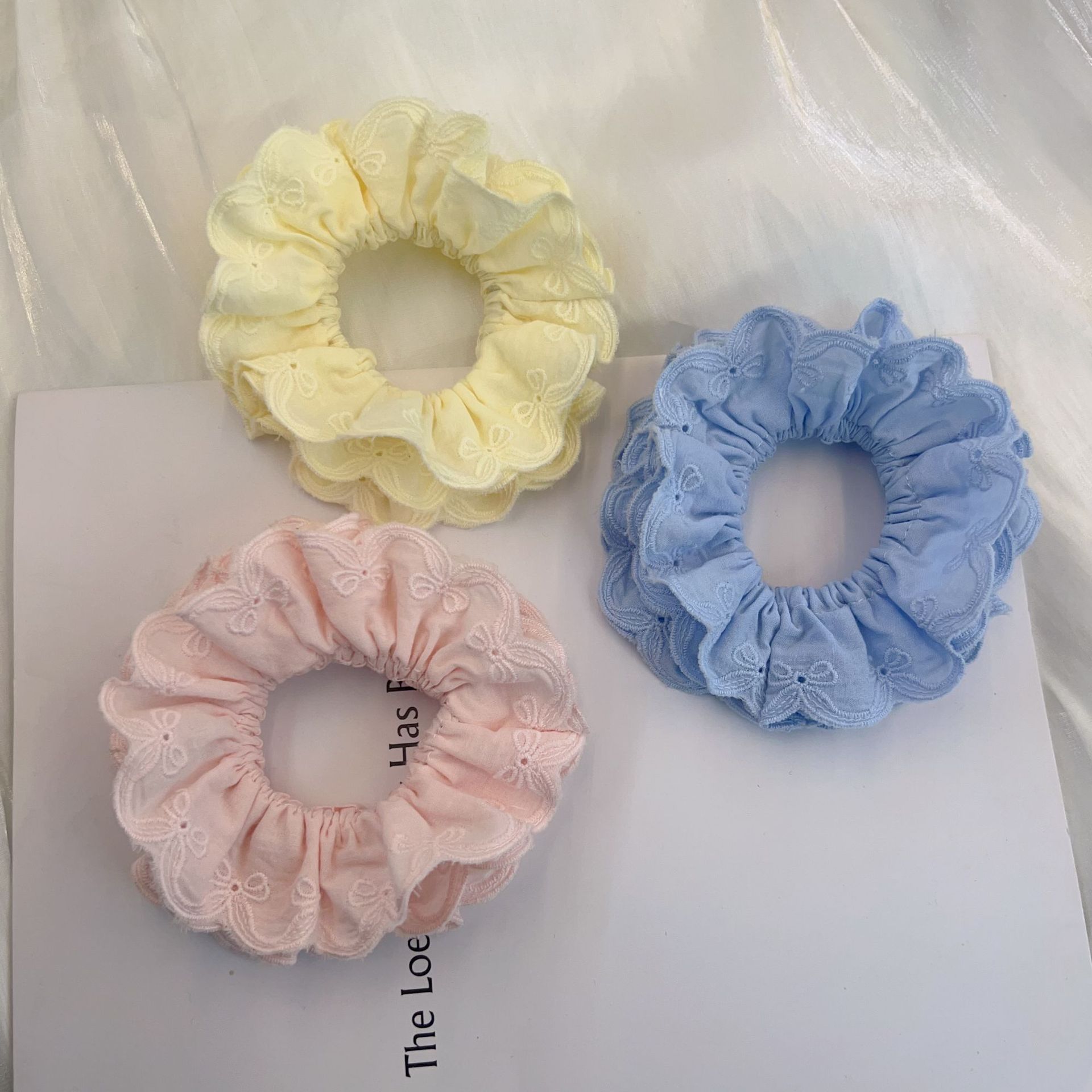 新款刺繡蝴蝶結彩色四層手作大腸發圈甜美清新紮馬尾高彈力髮飾女