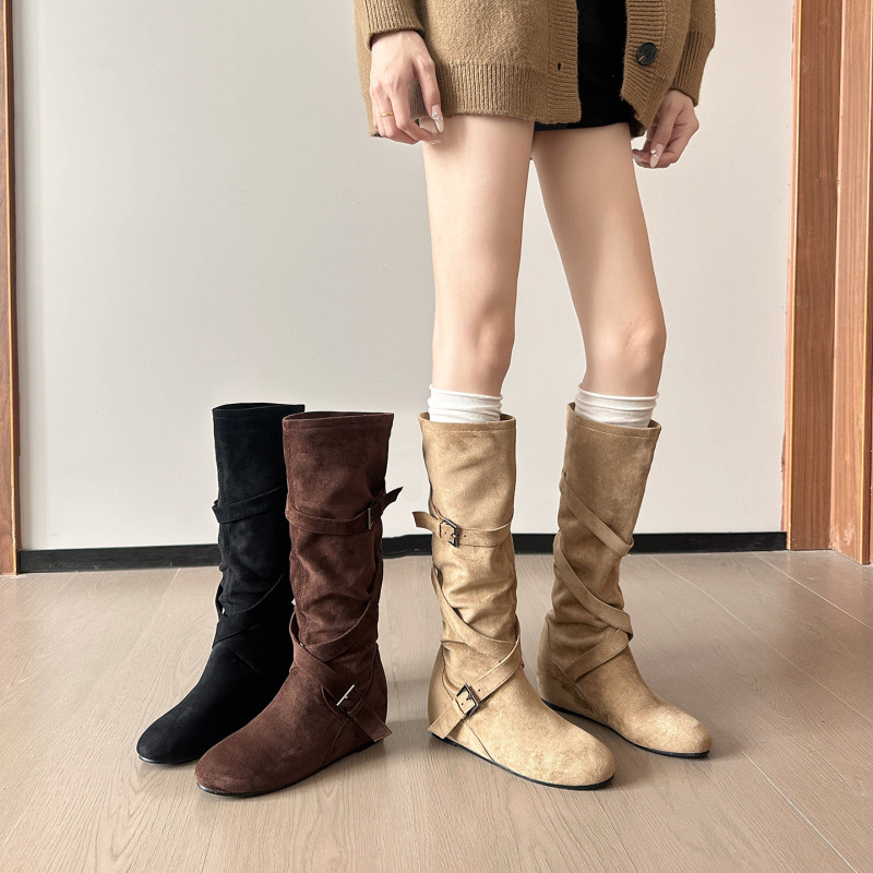2025 Autumn Norwegian Slouch Boots with Internal Height Increase, Cross Strap, Knight Suede Boots, Widened for Plus-Size Women, Large Sizes 41-43 2025 Autumn Norwegian Slouch Boots with Internal Height Increase, Cross Strap, Knight Suede Boots, Widened for Plus-Size Women, Large Sizes 41-43