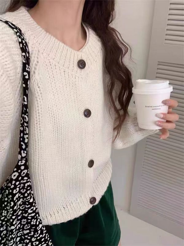 纯羊毛衫女款圆领针织开衫秋冬新款亮色设计简约单排扣长袖外套潮|undefined