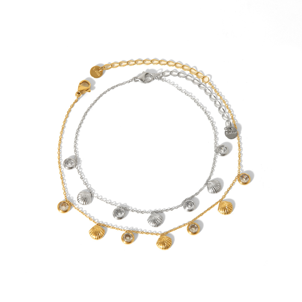 Concha a rayas de acero inoxidable francés, circón, temperamento de nicho de 18K, tobillera de playa para mujer, joyería impermeable que no se desvanece