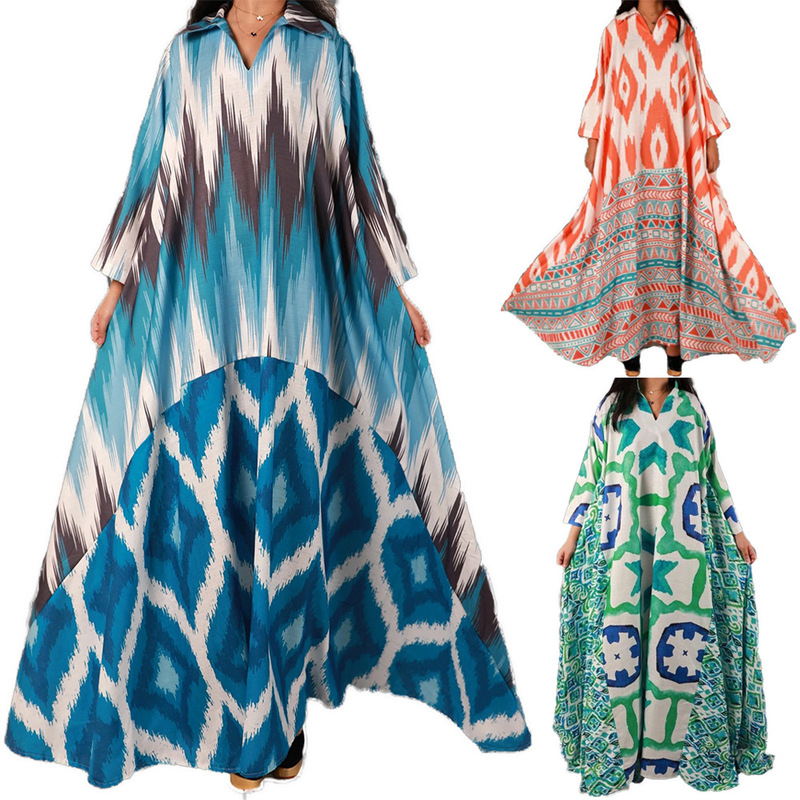 New European and American Women's Plus Size Loose V-Neck Hip-Hop Long Element Printed Dress New European and American Women's Plus Size Loose V-Neck Hip-Hop Long Element Printed Dress