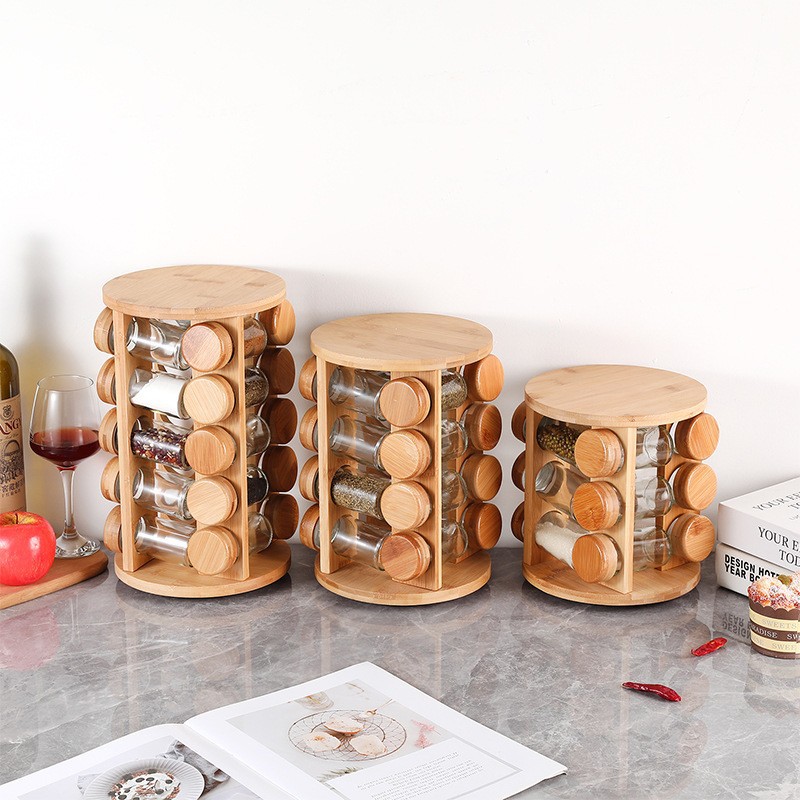Transfronterizo Amazon nueva base giratoria de vidrio con condimento de botella de madera cuadrada con marco giratorio condimento de lata