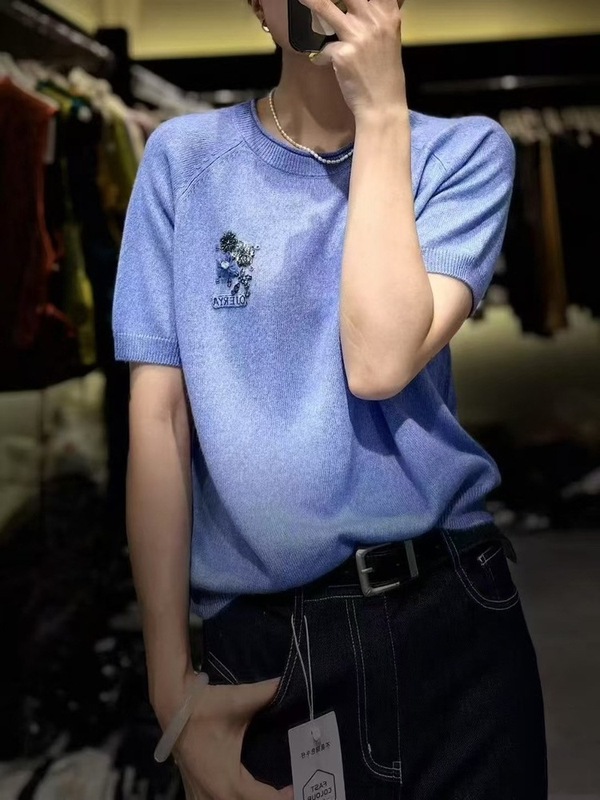 25年欧洲站早秋新款圆领花朵刺绣针织短袖羊毛针织衫色内搭|undefined