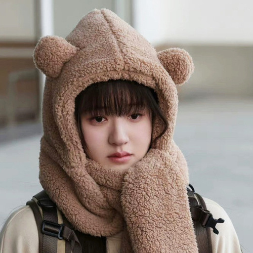 Winter New Women's Hat Scarf Combo Plush Thick Ear Warm Bear Hat Cycling Warmth Anti-Frost LuSi Same Version