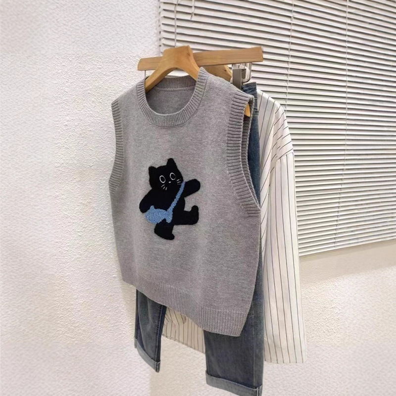 Children's Vest Autumn and Winter Outer Wear Foreign Style 2025 New Style Boys and Girls Vest Jacket Cat Knitted Sweater Cartoon
