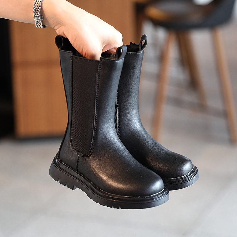 Children's Martin 2024 Spring and Autumn New Black Side Zipper Girls' Mid length British Style Pipe Boots Trend_voghion.com