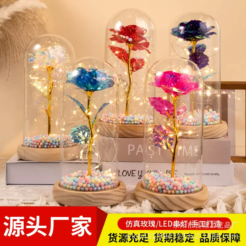 玻璃灯罩永生花玫瑰花装饰生日礼物告白泡沫亚马逊跨境LED发光